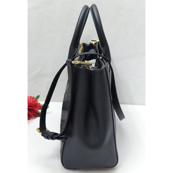 Michael Kors Black Leather Chevron Double Handles Satchel Shoulder Bag - Picture 6 of 16